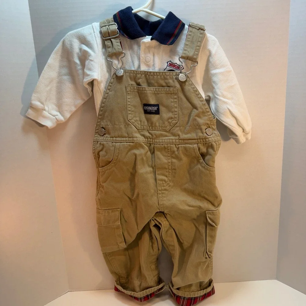 OshKosh B'gosh Baby Boy‎ 12 Month Tan Overalls Shirt Set Plaid Trim Vintage